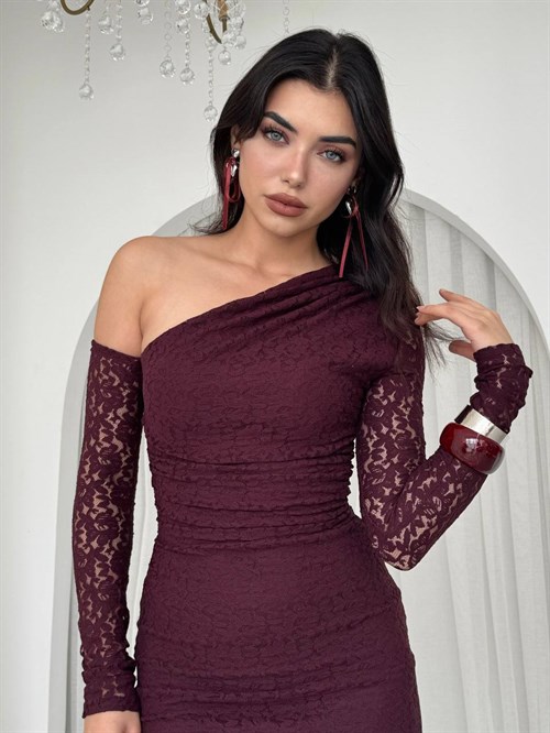 Bees One Shoulder Detailed Dress - Plum