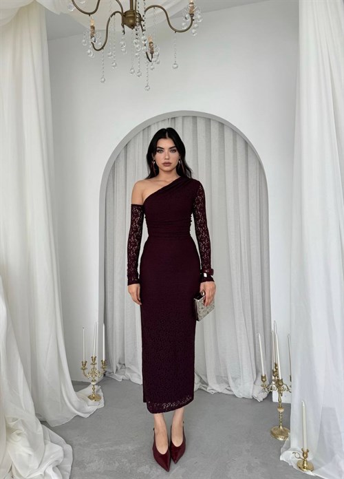 Bees One Shoulder Detailed Dress - Plum