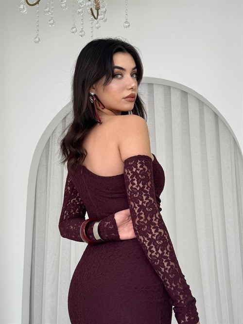 Bees One Shoulder Detailed Dress - Plum