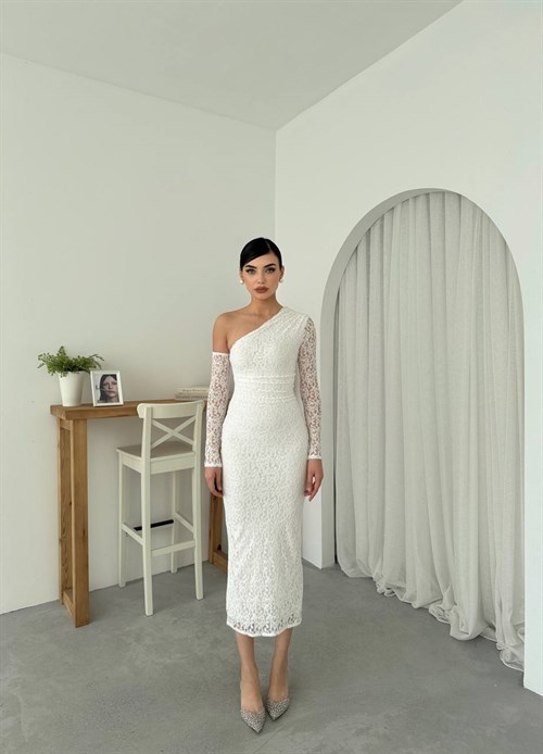 Bees One Shoulder Detailed Dress - White