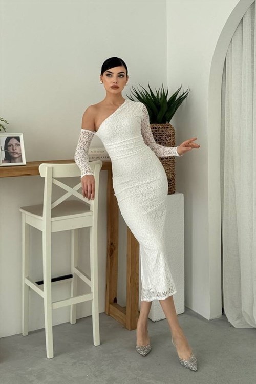 Bees One Shoulder Detailed Dress - White
