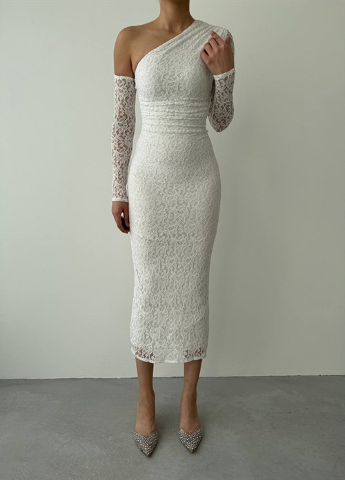 Bees One Shoulder Detailed Dress - White