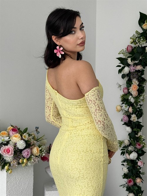 Bees One Shoulder Detailed Dress - Yellow