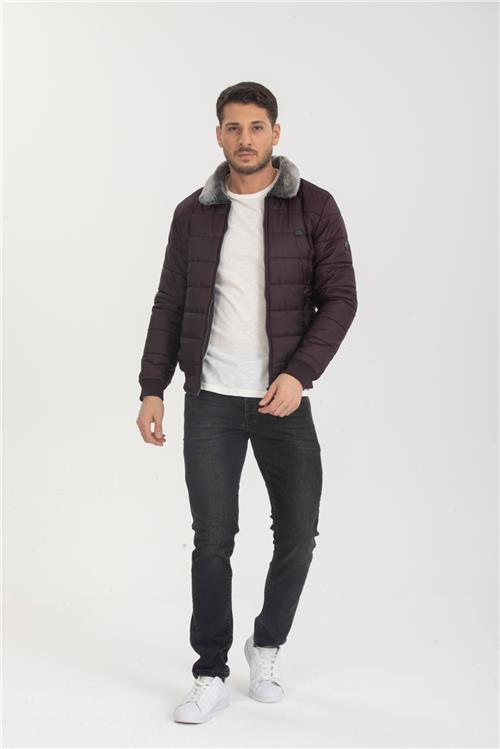 Wholesale Burgundy Fur Collar Puffer Coat