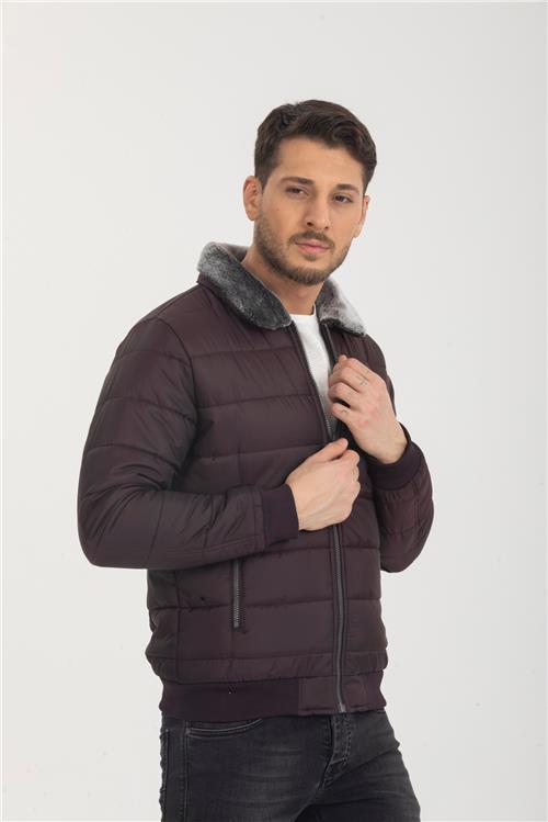 Wholesale Burgundy Fur Collar Puffer Coat