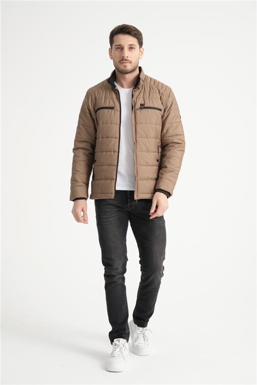 Wholesale Camel Double Zipper Pocket Stand Collar Jacket