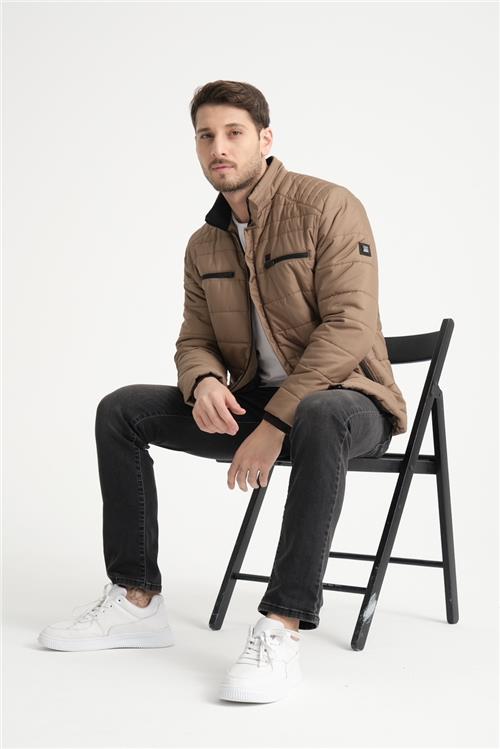 Wholesale Camel Double Zipper Pocket Stand Collar Jacket