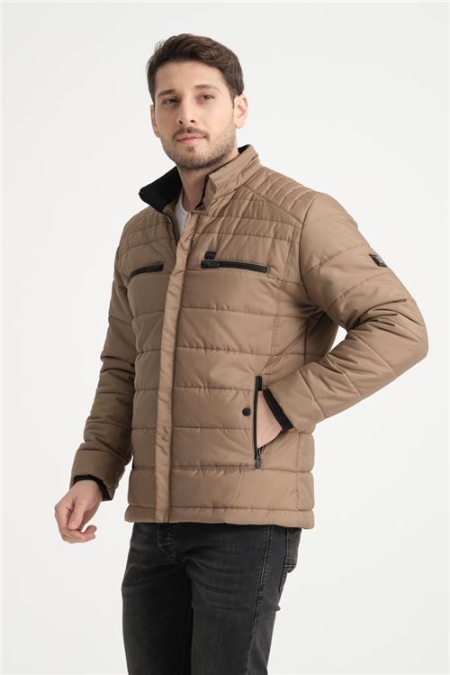 Wholesale Camel Double Zipper Pocket Stand Collar Jacket