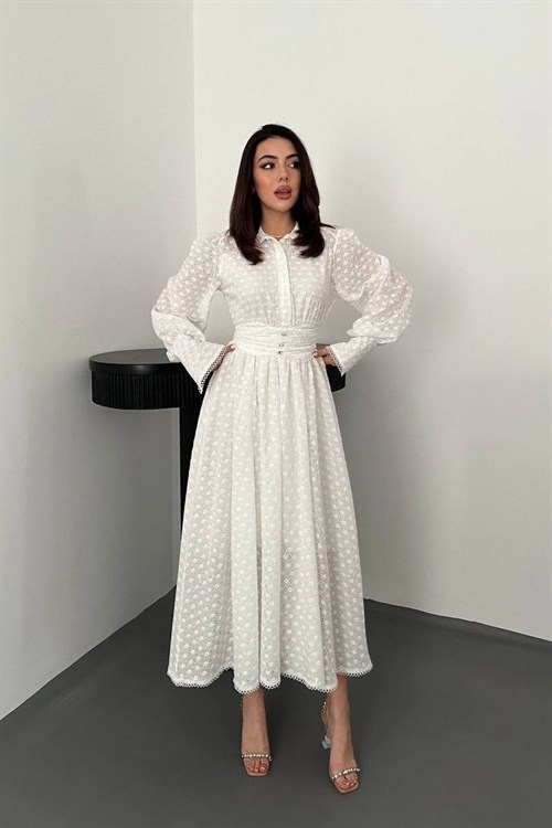 Wholesale Ecru Embroidered Dress with Matching Belt