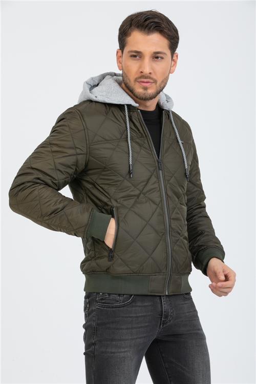 Wholesale Khaki Diamond Pattern Detachable Hood Jacket
