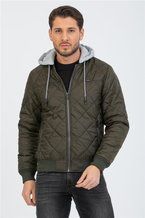 Wholesale Khaki Diamond Pattern Detachable Hood Jacket