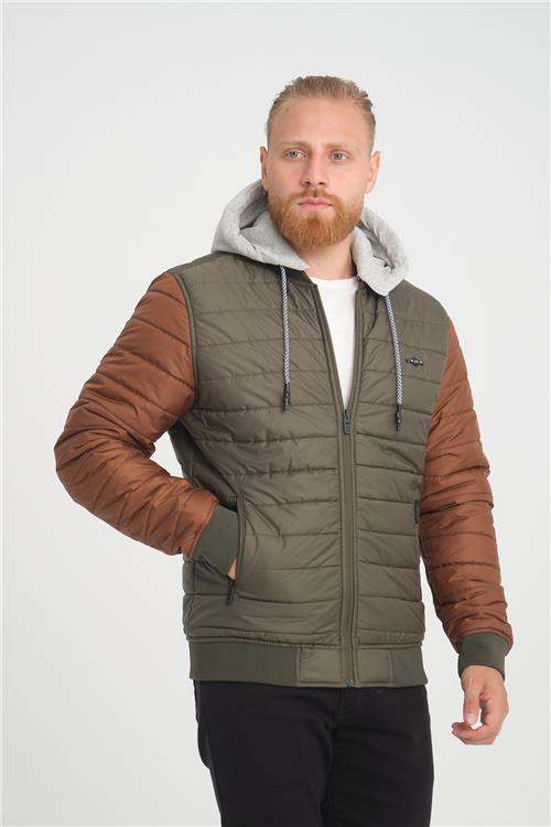 Wholesale Khaki Two-Tone Puffer Detachable Hood Jacket