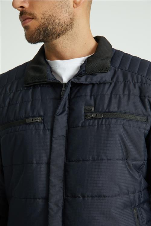 Wholesale Navy Double Zipper Pocket Stand Collar Jacket