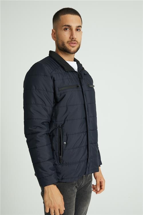 Wholesale Navy Double Zipper Pocket Stand Collar Jacket