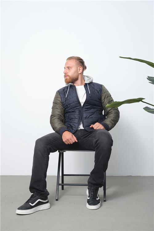 Wholesale Navy Two-Tone Puffer Detachable Hood Jacket