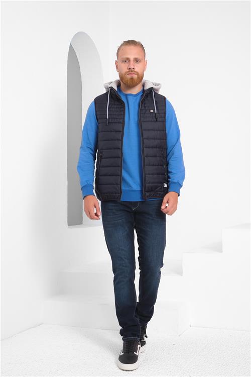 Wholesale Navy Detachable Hood Jersey Lined Puffer Vest