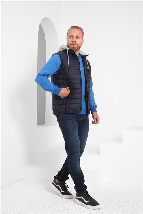 Wholesale Navy Detachable Hood Jersey Lined Puffer Vest