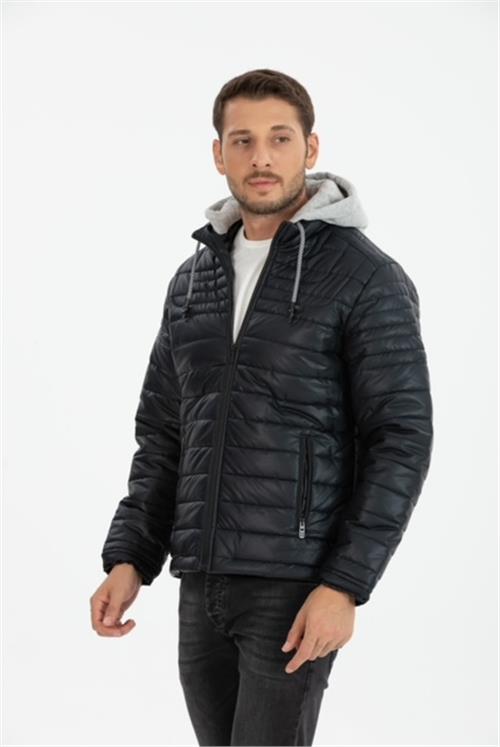 Wholesale Navy Faux Leather Hooded Puffer Jacket