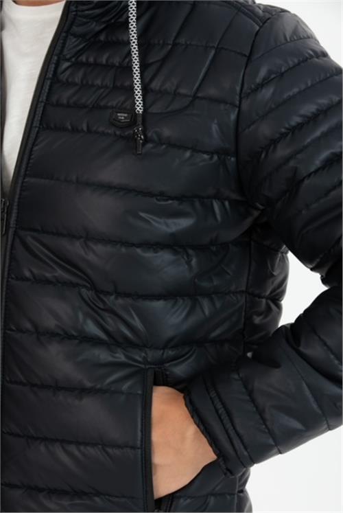 Wholesale Navy Faux Leather Hooded Puffer Jacket