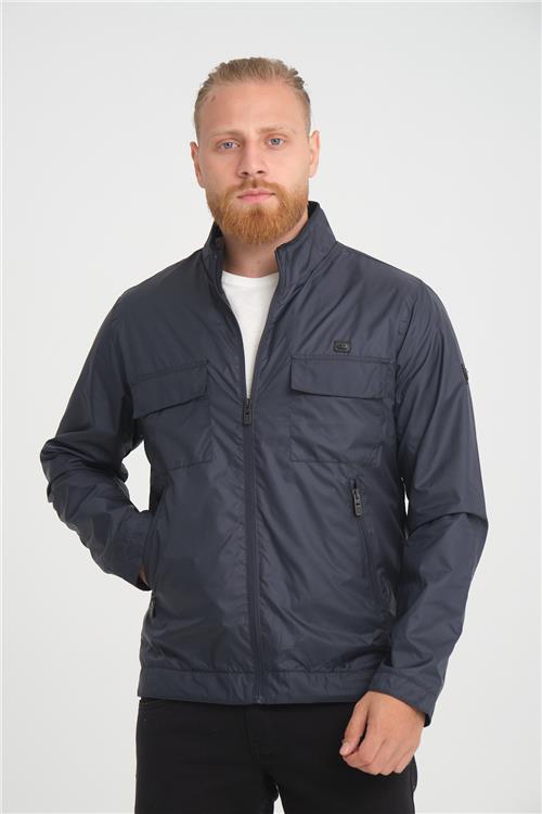 Wholesale Navy Stand Collar Pocketed Jersey Lined Spring Jacket