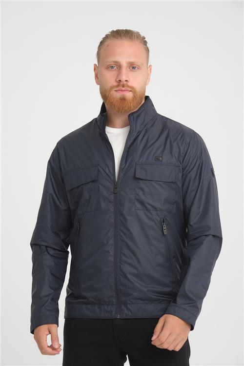 Wholesale Navy Stand Collar Pocketed Jersey Lined Spring Jacket