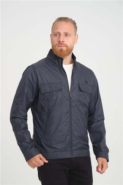 Wholesale Navy Stand Collar Pocketed Jersey Lined Spring Jacket