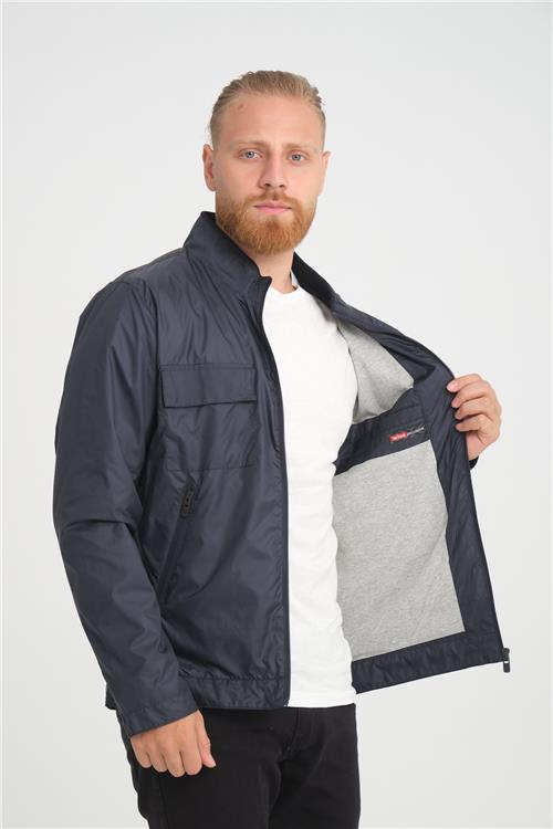 Wholesale Navy Stand Collar Pocketed Jersey Lined Spring Jacket