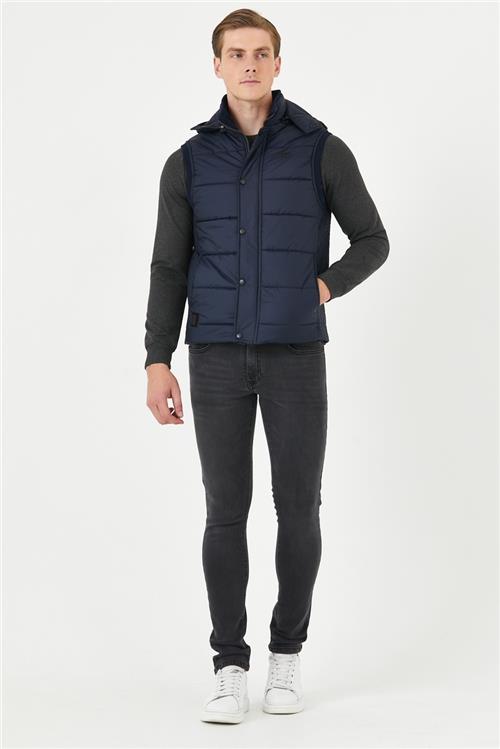 Wholesale Navy Hooded Jersey Lined Puffer Vest