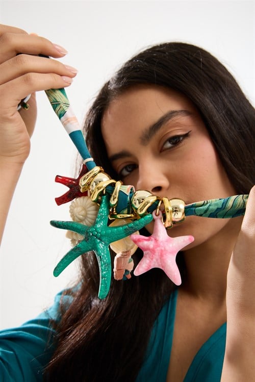 Sea Green Scarf Necklace with Starfish and Shell Charms