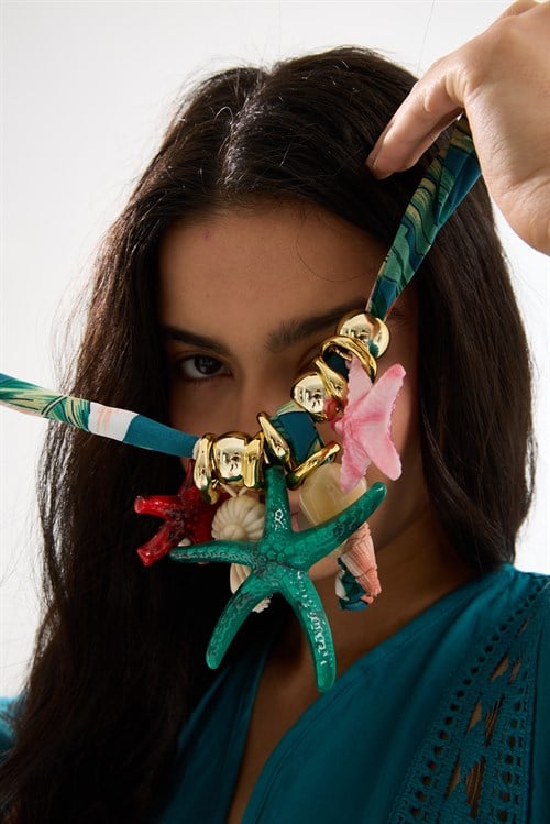 Sea Green Scarf Necklace with Starfish and Shell Charms