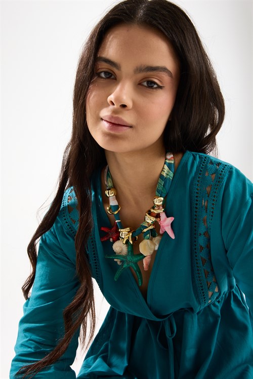 Sea Green Scarf Necklace with Starfish and Shell Charms