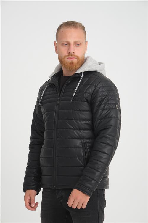 Wholesale Black Faux Leather Hooded Puffer Jacket