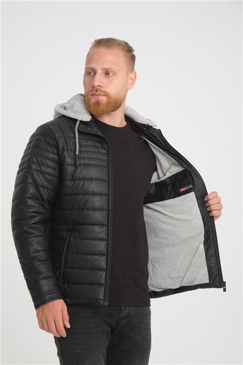 Wholesale Black Faux Leather Hooded Puffer Jacket