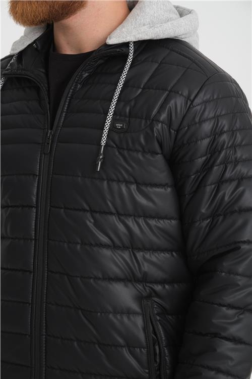 Wholesale Black Faux Leather Hooded Puffer Jacket