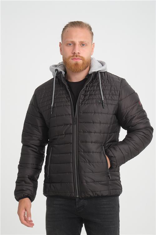 Wholesale Black Hooded Jersey Lined Puffer Jacket