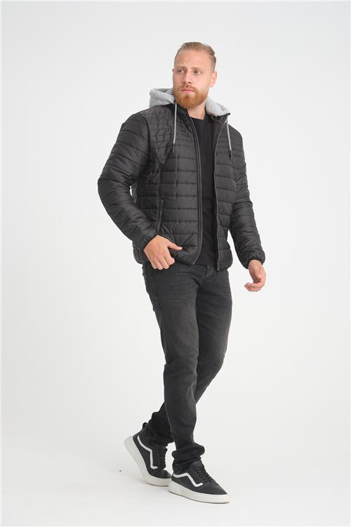 Wholesale Black Hooded Jersey Lined Puffer Jacket