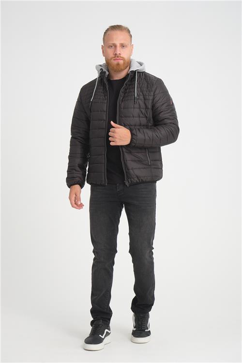 Wholesale Black Hooded Jersey Lined Puffer Jacket