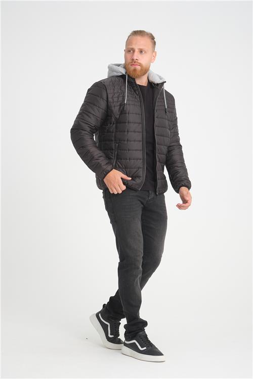 Wholesale Black Hooded Jersey Lined Puffer Jacket