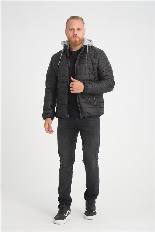 Wholesale Black Hooded Jersey Lined Puffer Jacket