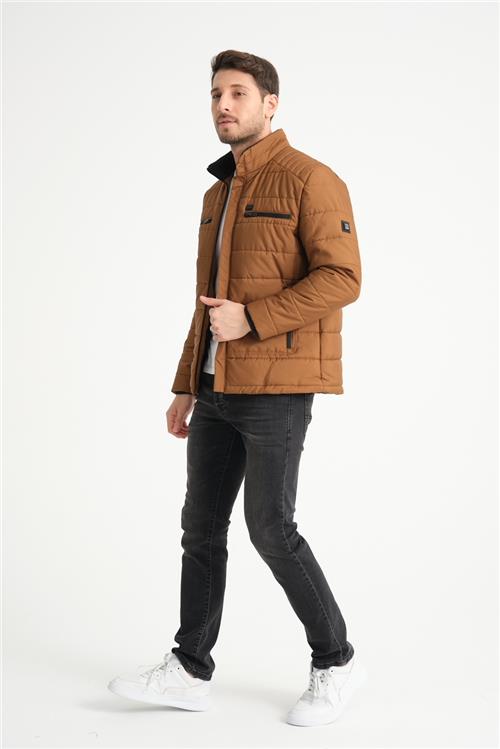 Wholesale Brown Double Zipper Pocket Stand Collar Jacket