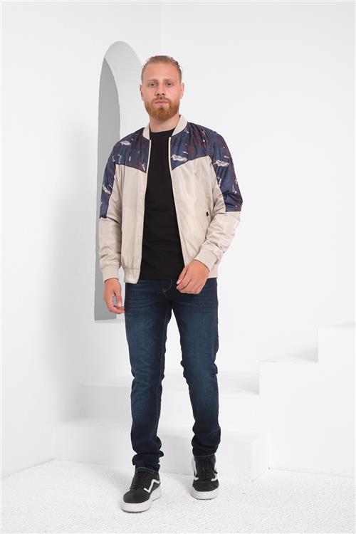 Wholesale Beige Patterned Pilot Collar Jersey Lined Spring Jacket