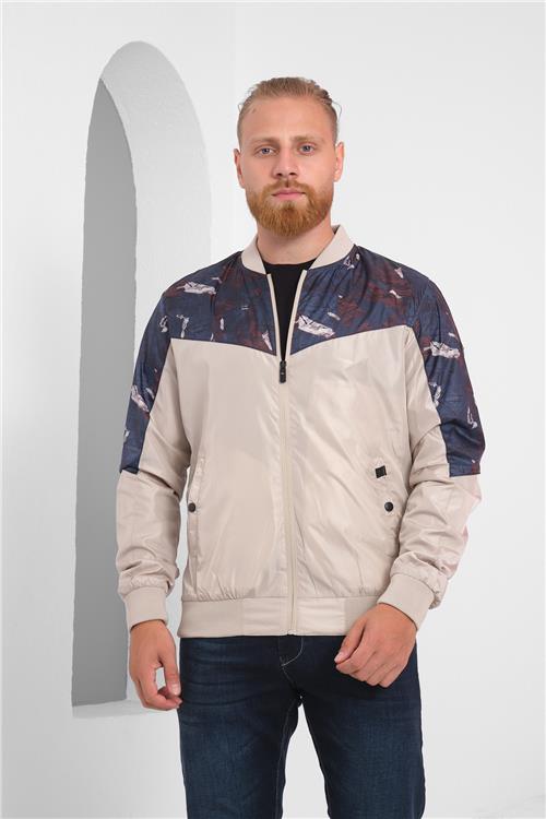 Wholesale Beige Patterned Pilot Collar Jersey Lined Spring Jacket