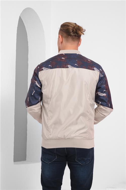 Wholesale Beige Patterned Pilot Collar Jersey Lined Spring Jacket