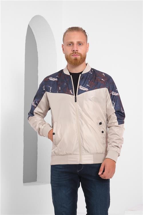 Wholesale Beige Patterned Pilot Collar Jersey Lined Spring Jacket