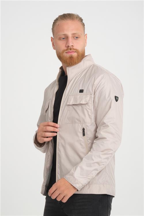 Wholesale Beige Stand Collar Pocketed Jersey Lined Spring Jacket