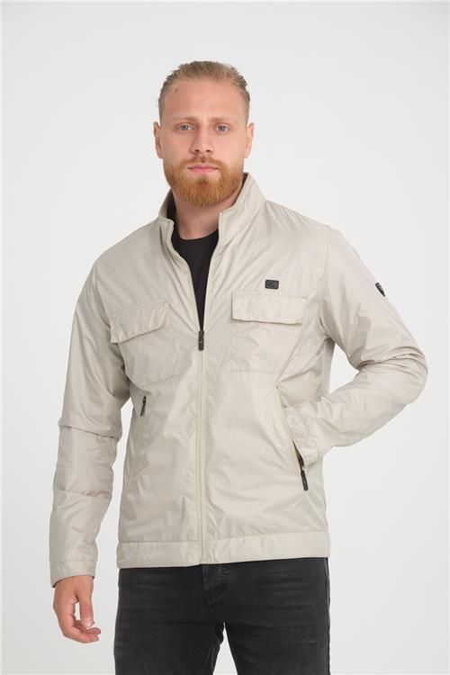 Wholesale Beige Stand Collar Pocketed Jersey Lined Spring Jacket