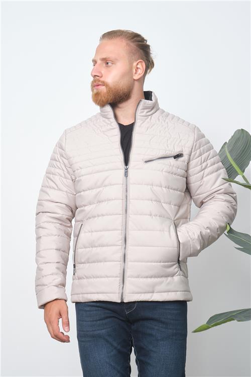 Wholesale Beige Chest Zipper Detail Stand Collar Jacket