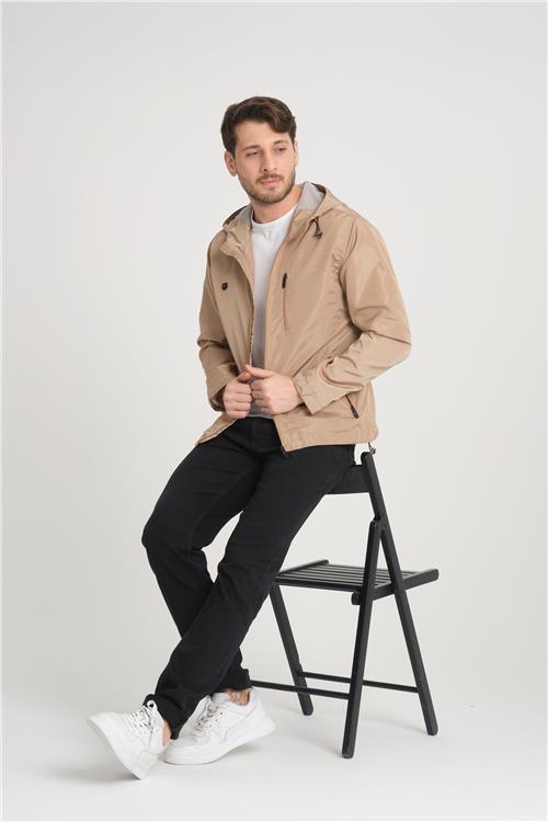 Wholesale Beige Hooded Mesh Lined Zipped Spring Jacket