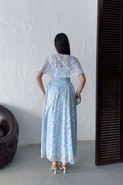 Wholesale Baby Blue Jacquard Organza Dress with Overlay
