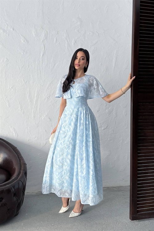 Wholesale Baby Blue Jacquard Organza Dress with Overlay
